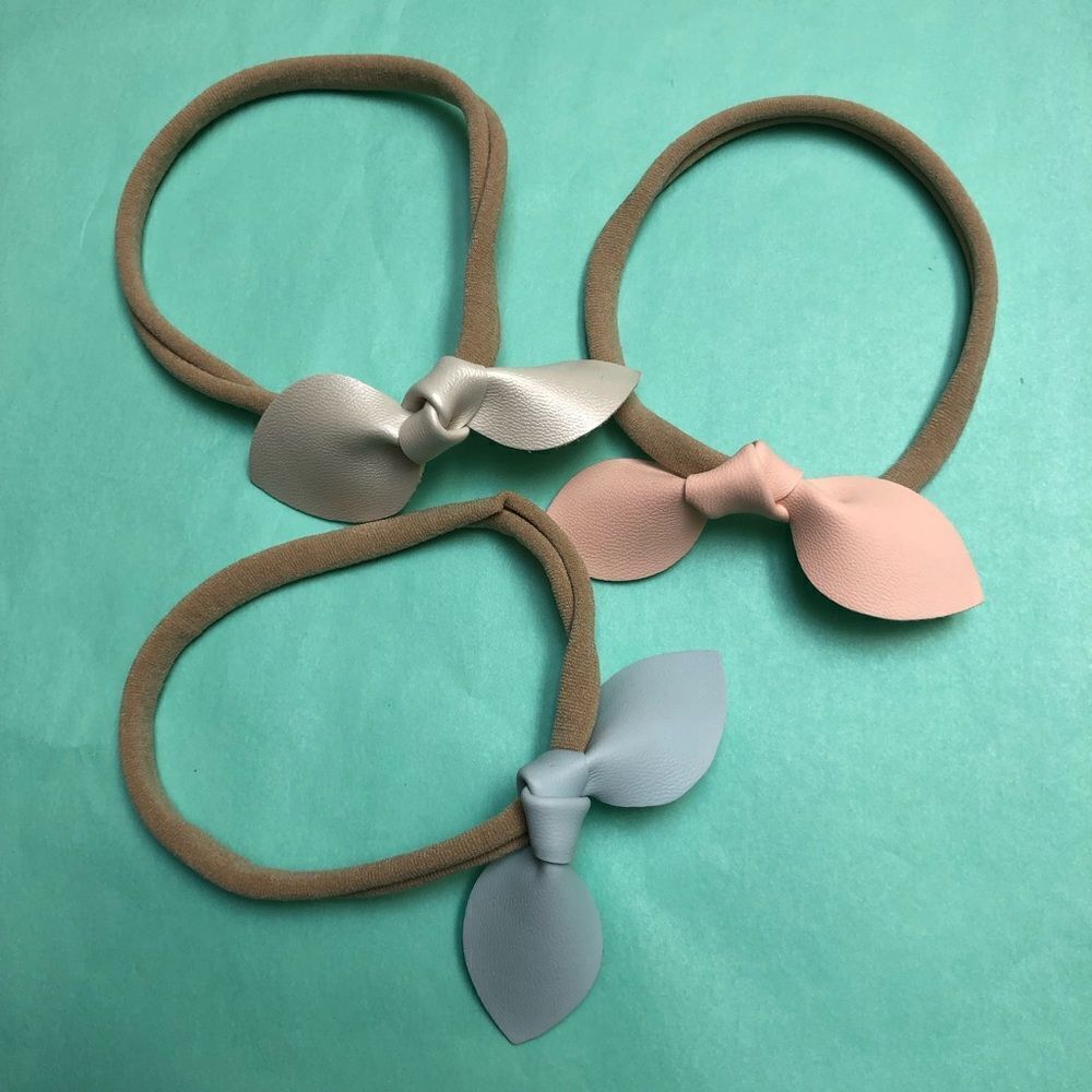 Set of 3  Rabbit Ears Faux Leather Bow–Stretch Headbands for Baby Toddler Girls